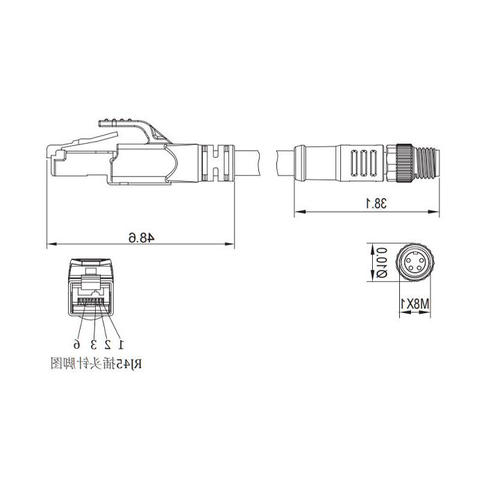 M8 4Pin 公头直型转RJ45公头直型、双端预铸PVC非柔性电缆、带屏蔽、绿色护套、0C3023-XXX